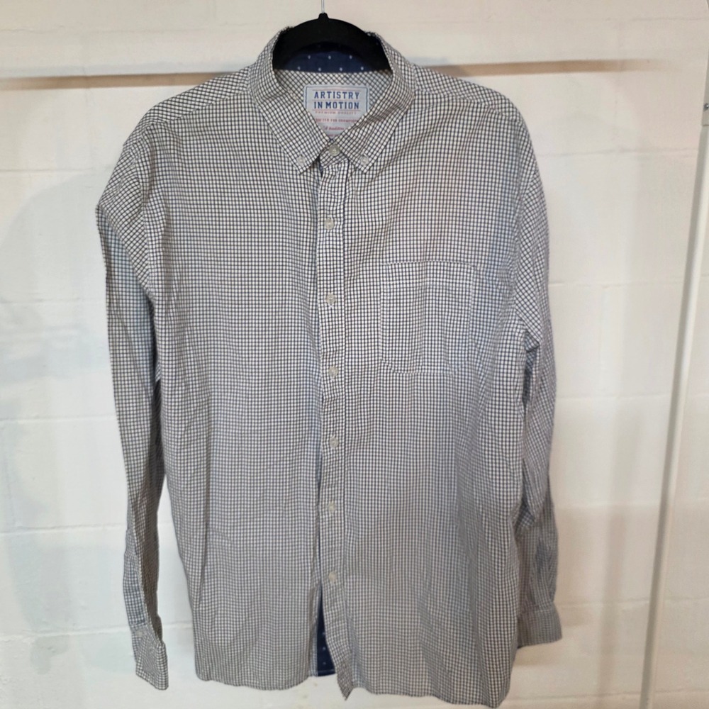 Artistry In Motion‎ Mens XL Long Sleeve Button Down Shirt Navy White Micro Check